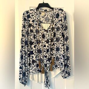 Floral Navy and White High-Low Long Sleeve Double-Tassel V-neck Women's Top